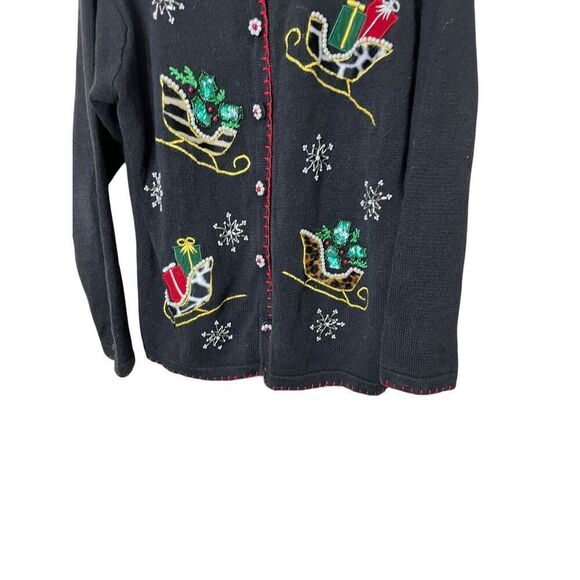 Vintage BP Design Christmas Cardigan Leopard Fur Sleighs Sequins/Pearls Size S - Picture 4 of 9